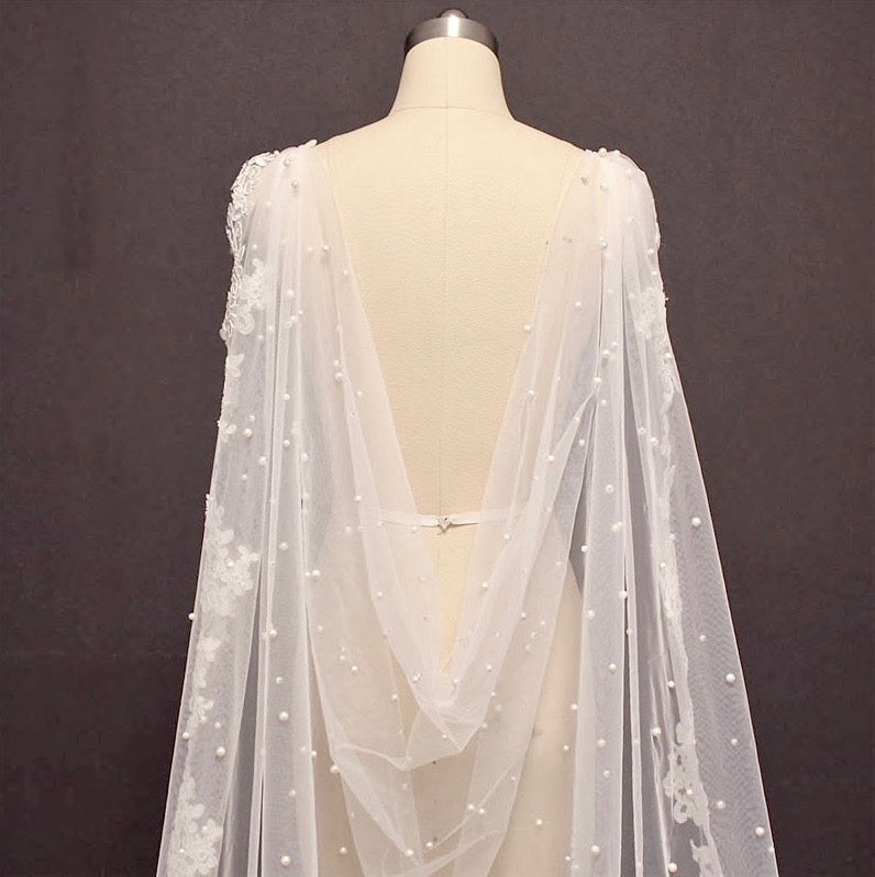 Fiona - Wedding Pearl Cape Veil - Cathedral Length