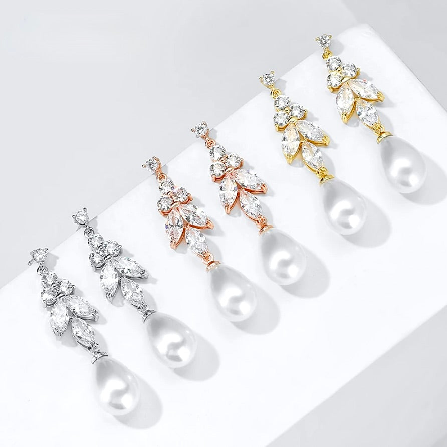 Robbie - Pearl and Cubic Zirconia Bridal Earrings - Available in Rose Gold, Silver and Yellow Gold