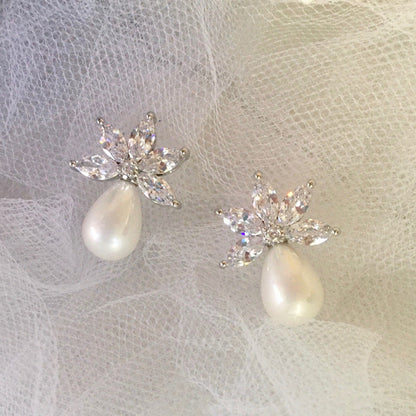 Darlene - Pearl and Cubic Zirconia Bridal Earrings - Available in Silver and Rose Gold