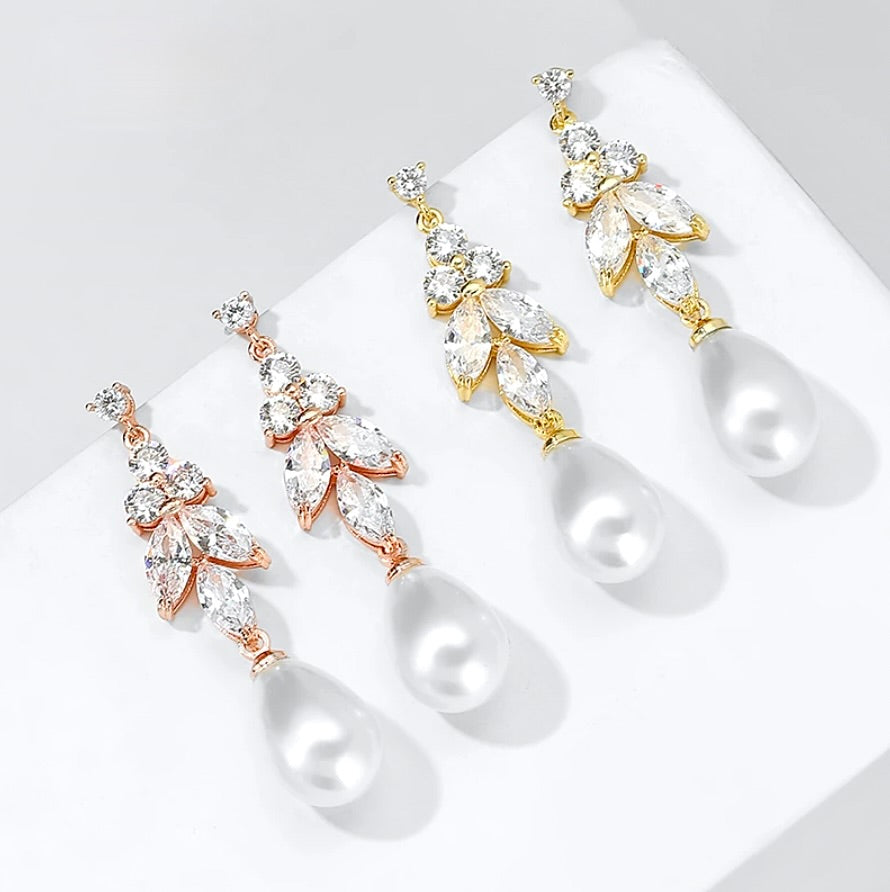 Robbie - Pearl and Cubic Zirconia Bridal Earrings - Available in Rose Gold, Silver and Yellow Gold
