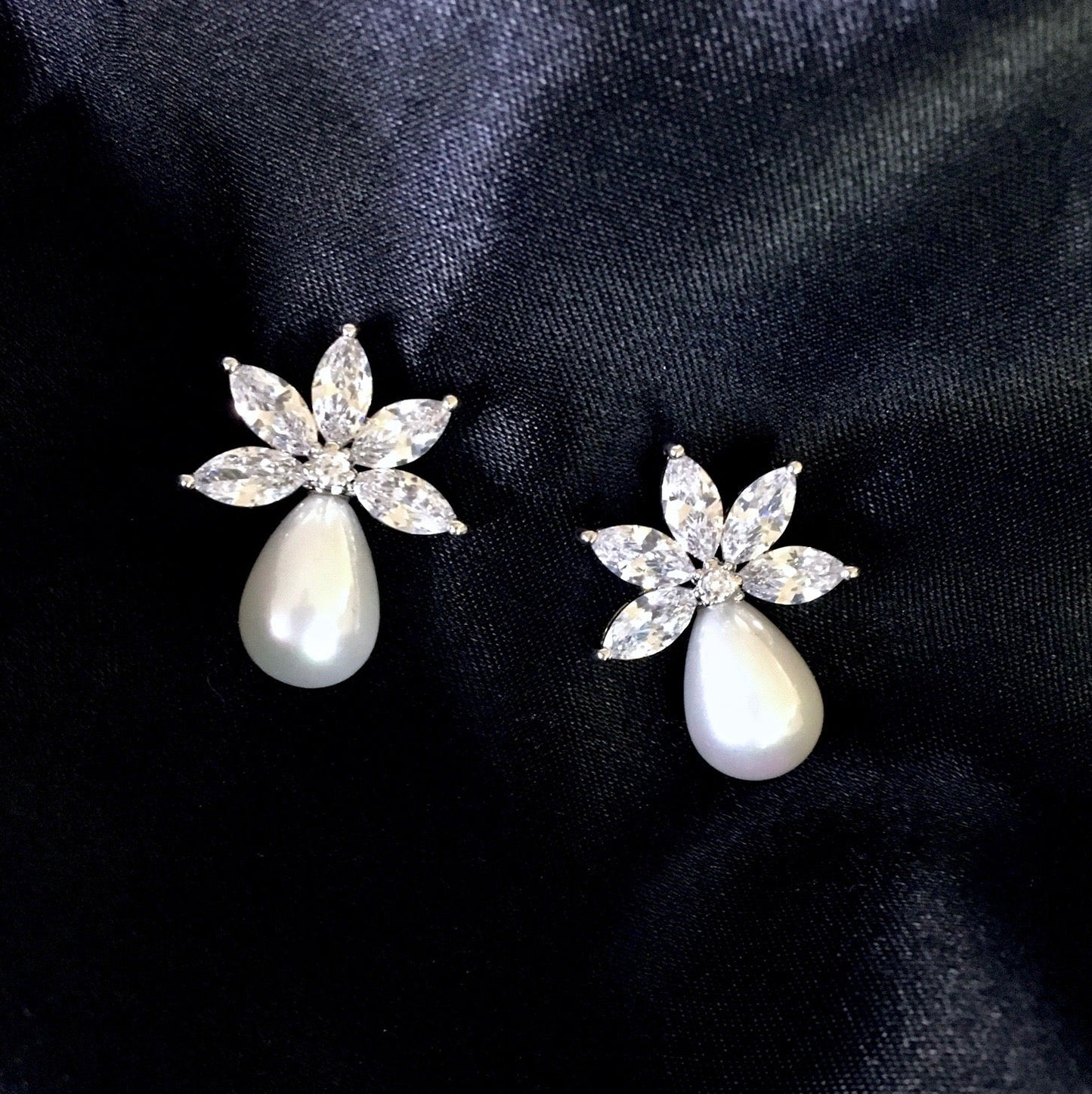 Darlene - Pearl and Cubic Zirconia Bridal Earrings - Available in Silver and Rose Gold
