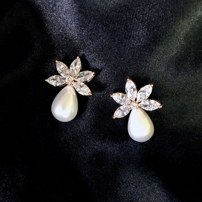 Darlene - Pearl and Cubic Zirconia Bridal Earrings - Available in Silver and Rose Gold