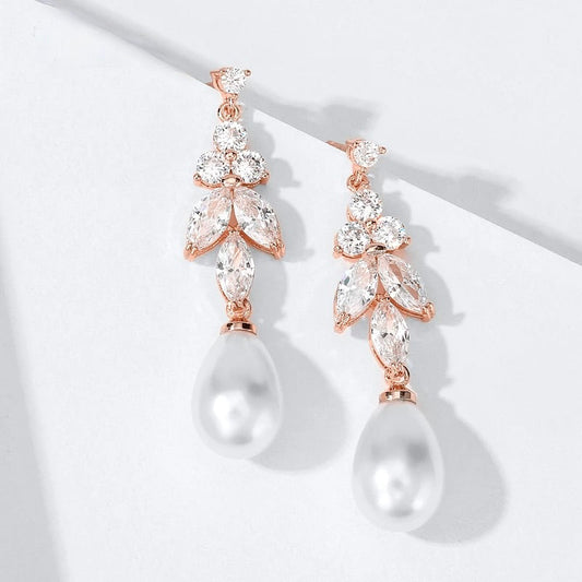 Robbie - Pearl and Cubic Zirconia Bridal Earrings - Available in Rose Gold, Silver and Yellow Gold