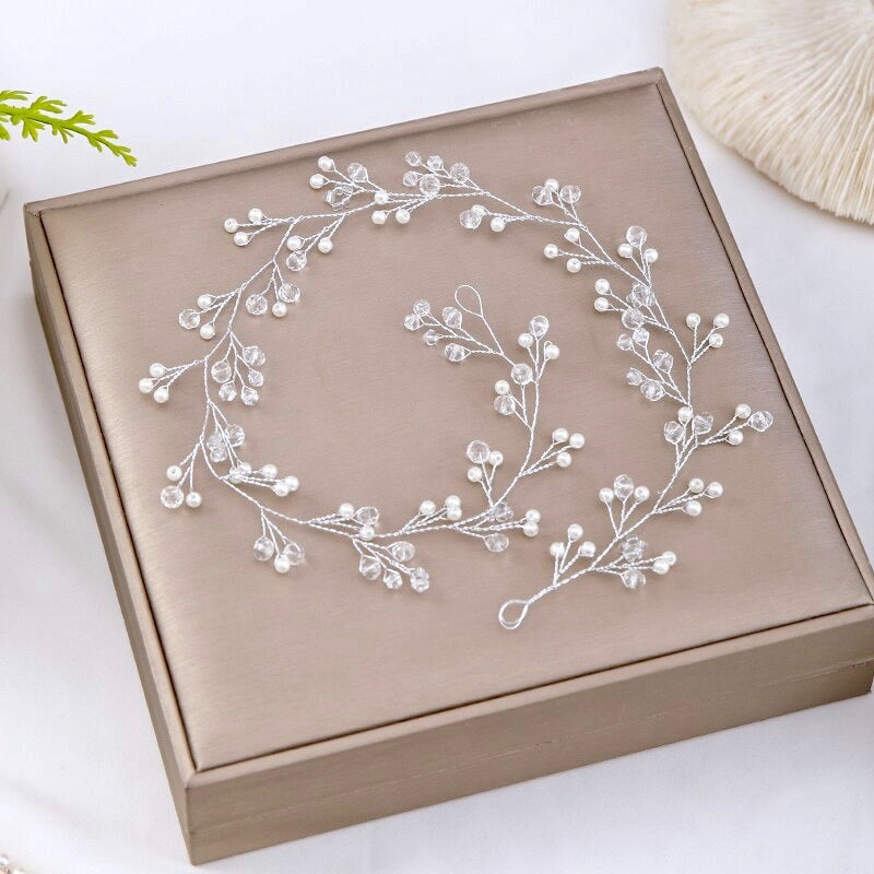 "Avery" - Silver Pearl and Crystal Bridal Headband / Hair Vine