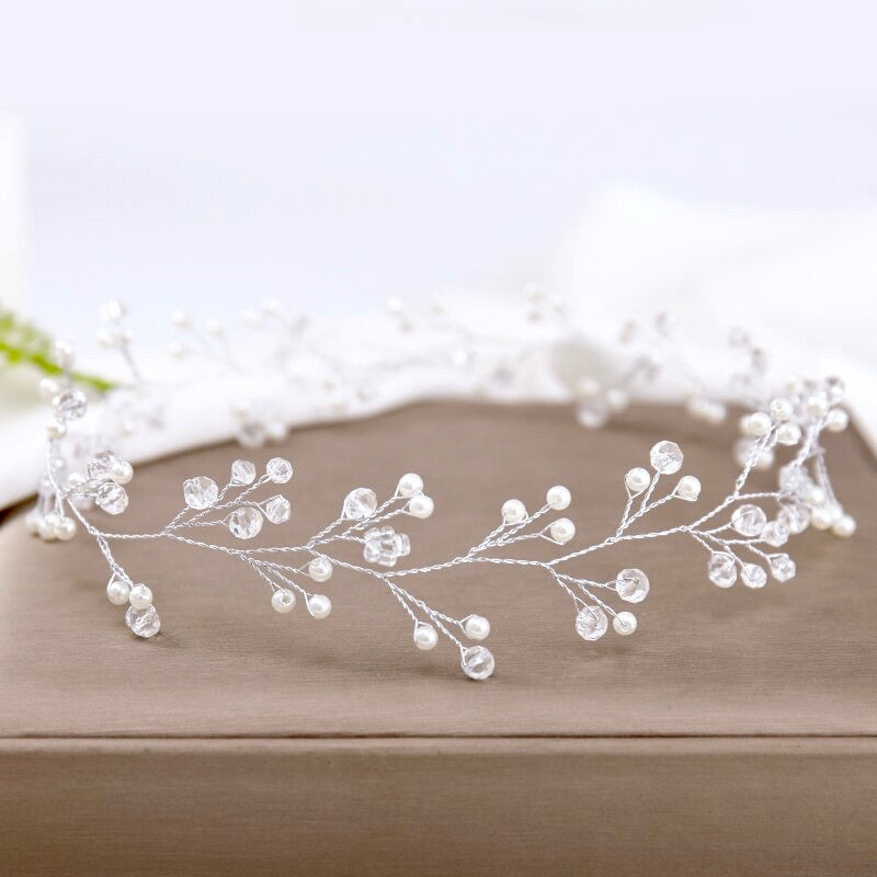 "Avery" - Silver Pearl and Crystal Bridal Headband / Hair Vine