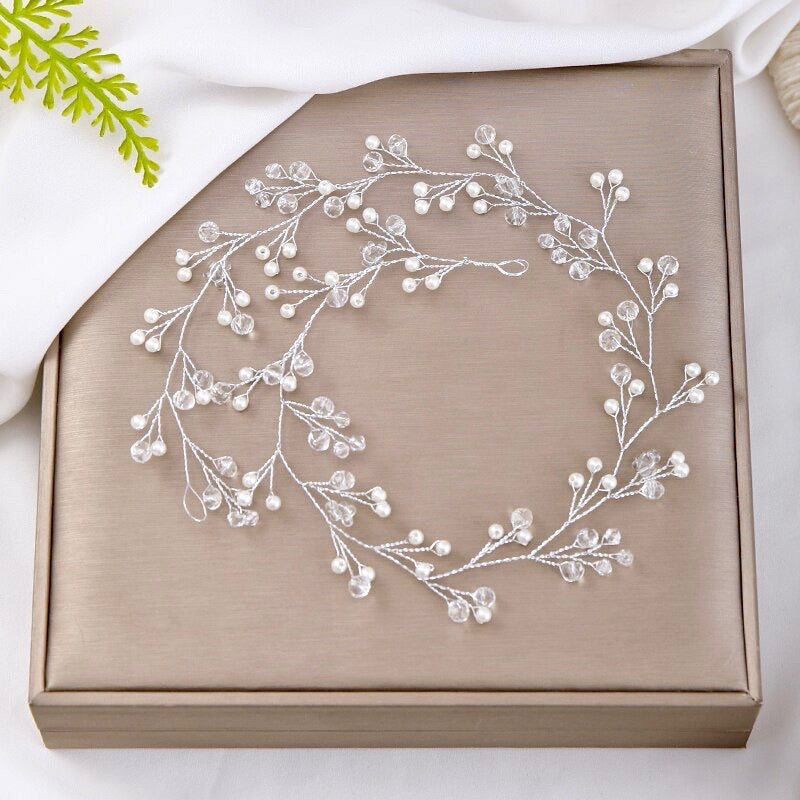 "Avery" - Silver Pearl and Crystal Bridal Headband / Hair Vine