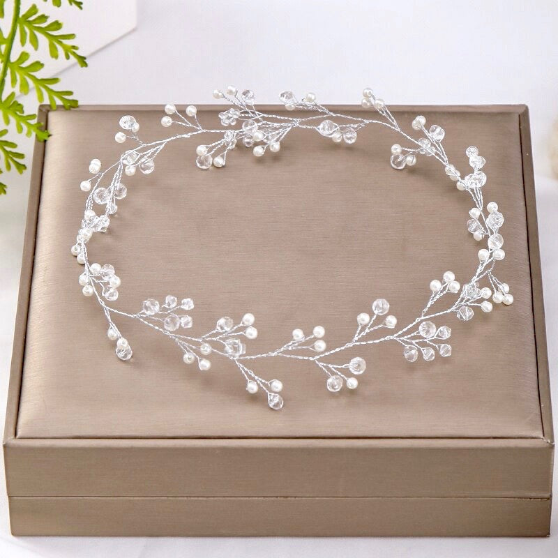 "Avery" - Silver Pearl and Crystal Bridal Headband / Hair Vine