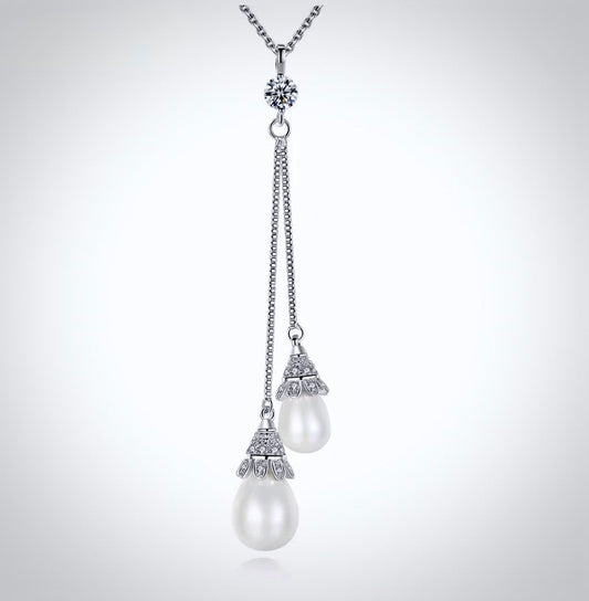 "Nevaeh" - Pearl Bridal Double Drop Lariat Necklace