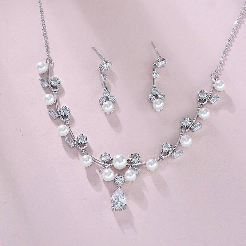 Isla - Silver Pearl and Cubic Zirconia Bridal Jewelry Set