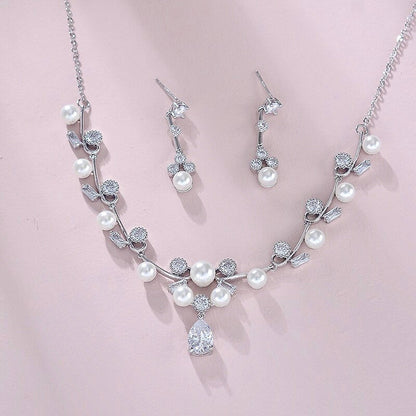 Isla - Silver Pearl and Cubic Zirconia Bridal Jewelry Set