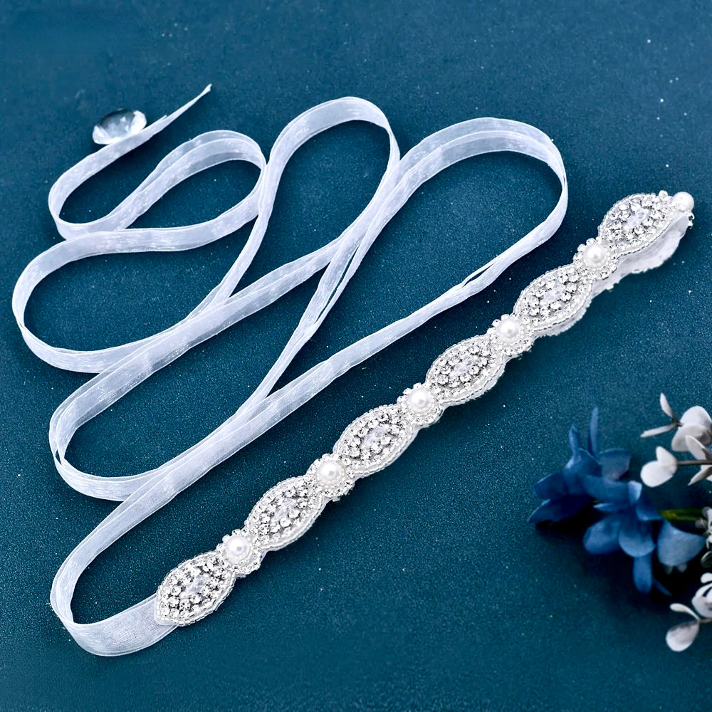 Lennon - Silver Pearl and Crystal Bridal Belt/Sash