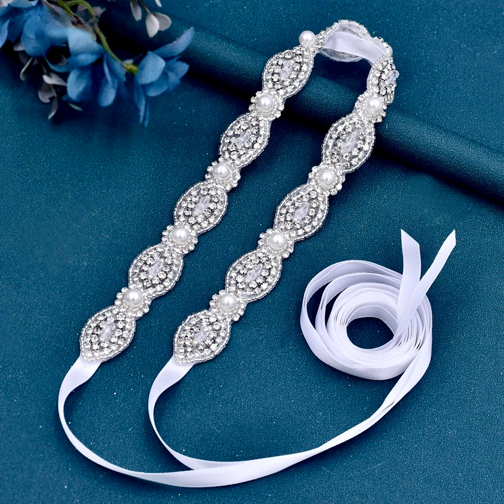 Lennon - Silver Pearl and Crystal Bridal Belt/Sash