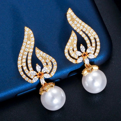 Lavinia - Pearl and Cubic Zirconia Bridal Earrings - Available in Silver, Rose Gold and Yellow Gold