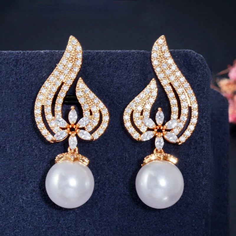 Lavinia - Pearl and Cubic Zirconia Bridal Earrings - Available in Silver, Rose Gold and Yellow Gold
