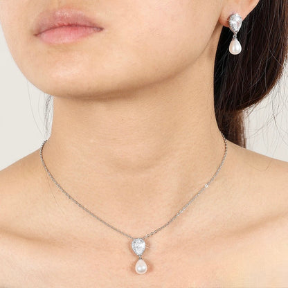 Janna - Pearl and Cubic Zirconia Bridal Necklace and Earrings Set - Available in Silver, Rose Gold and Yellow Gold