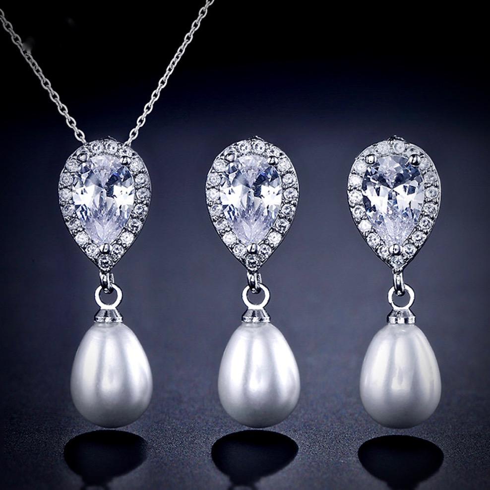 Janna - Pearl and Cubic Zirconia Bridal Necklace and Earrings Set - Available in Silver, Rose Gold and Yellow Gold