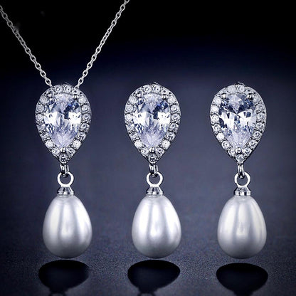 Janna - Pearl and Cubic Zirconia Bridal Necklace and Earrings Set - Available in Silver, Rose Gold and Yellow Gold
