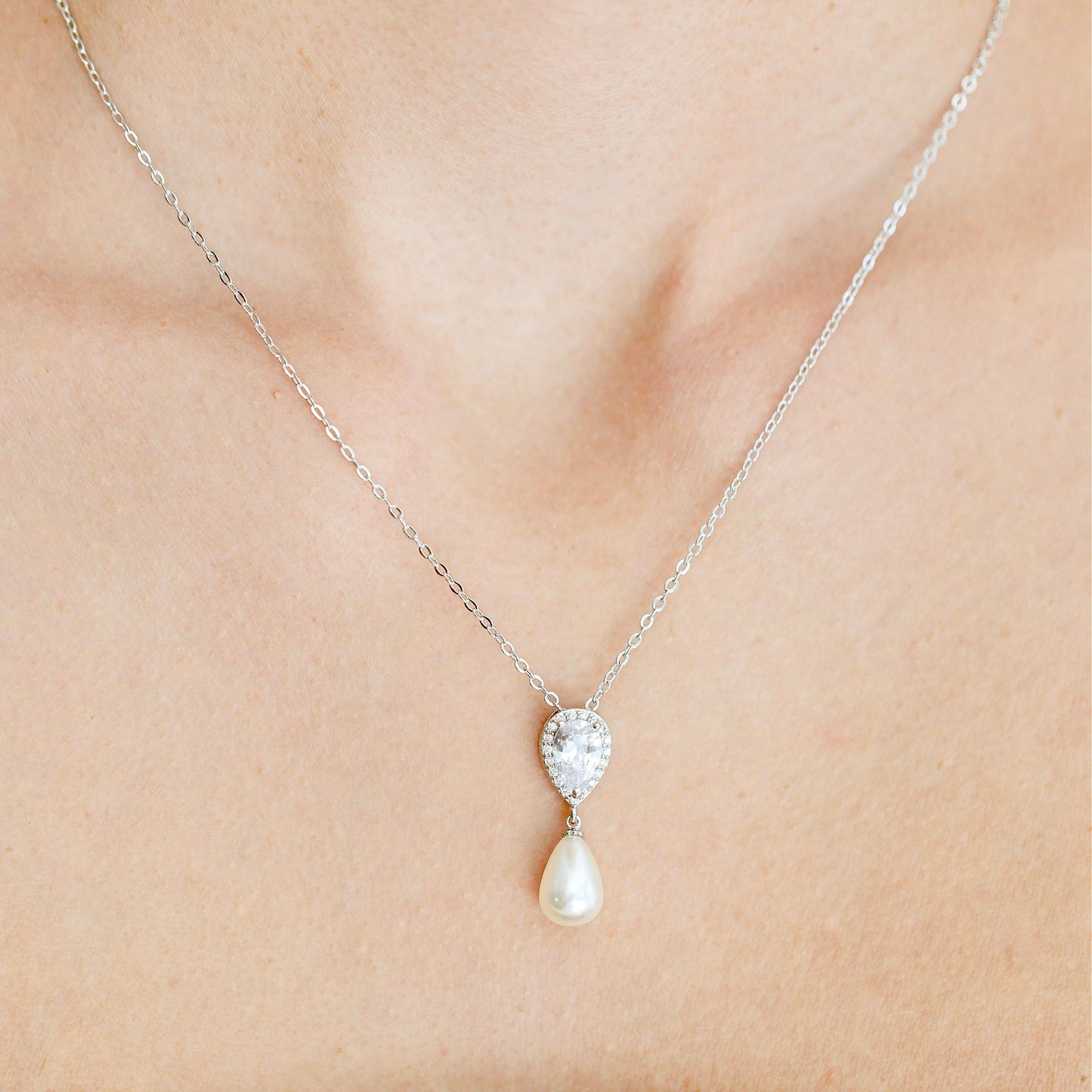 Janna - Pearl and Cubic Zirconia Bridal Necklace and Earrings Set - Available in Silver, Rose Gold and Yellow Gold