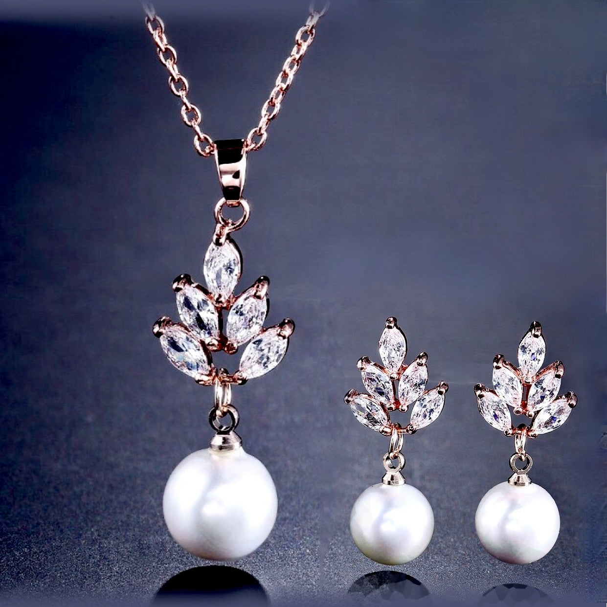 Etta - Pearl and Cubic Zirconia Jewelry Set - Available in Silver and Rose Gold