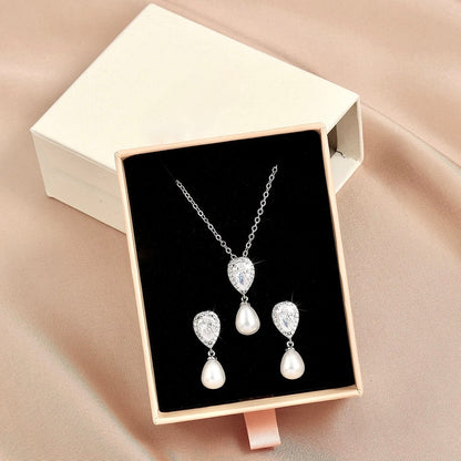 Janna - Pearl and Cubic Zirconia Bridal Necklace and Earrings Set - Available in Silver, Rose Gold and Yellow Gold