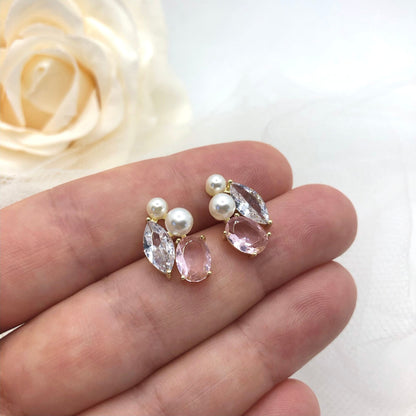 "Lumi" - Pearl and Pink CZ Bridal Stud Earrings