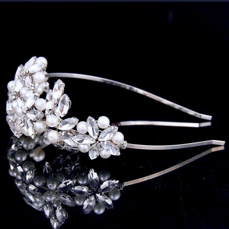 Cornelia - Silver Pearl and Crystal Bridal Side-Headband