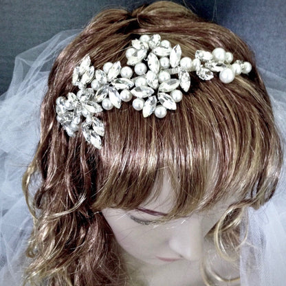 Cornelia - Silver Pearl and Crystal Bridal Side-Headband
