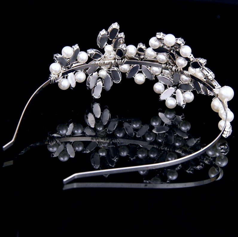 Cornelia - Silver Pearl and Crystal Bridal Side-Headband