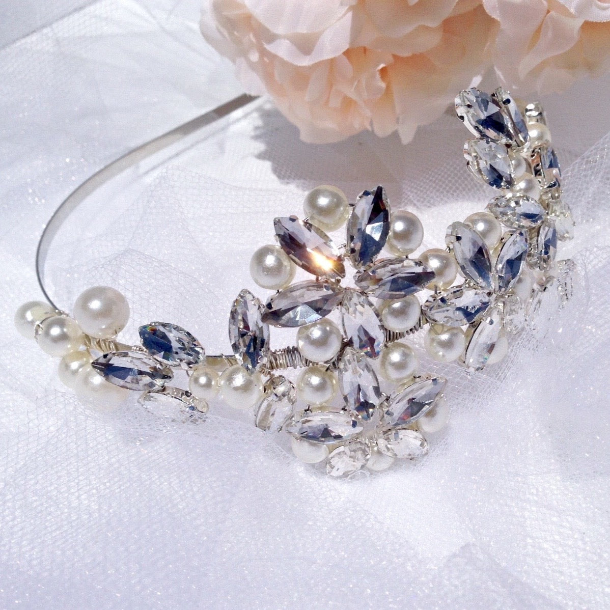 Cornelia - Silver Pearl and Crystal Bridal Side-Headband