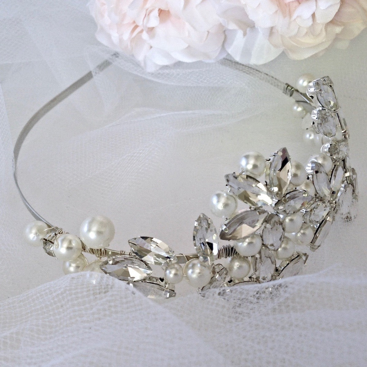 Cornelia - Silver Pearl and Crystal Bridal Side-Headband
