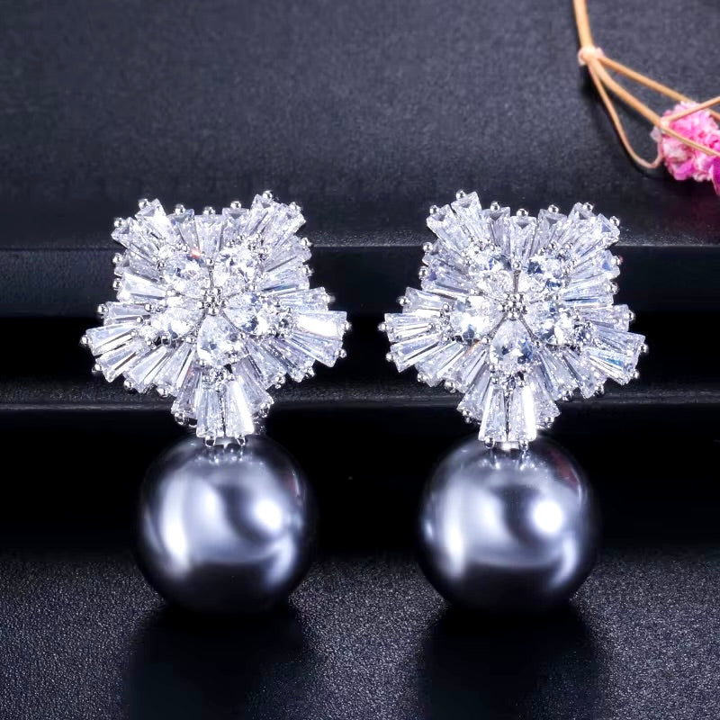 Alba - Pearl and Cubic Zirconia Snowflake Bridal Earrings - More Colors