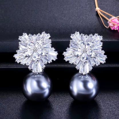 Alba - Pearl and Cubic Zirconia Snowflake Bridal Earrings - More Colors