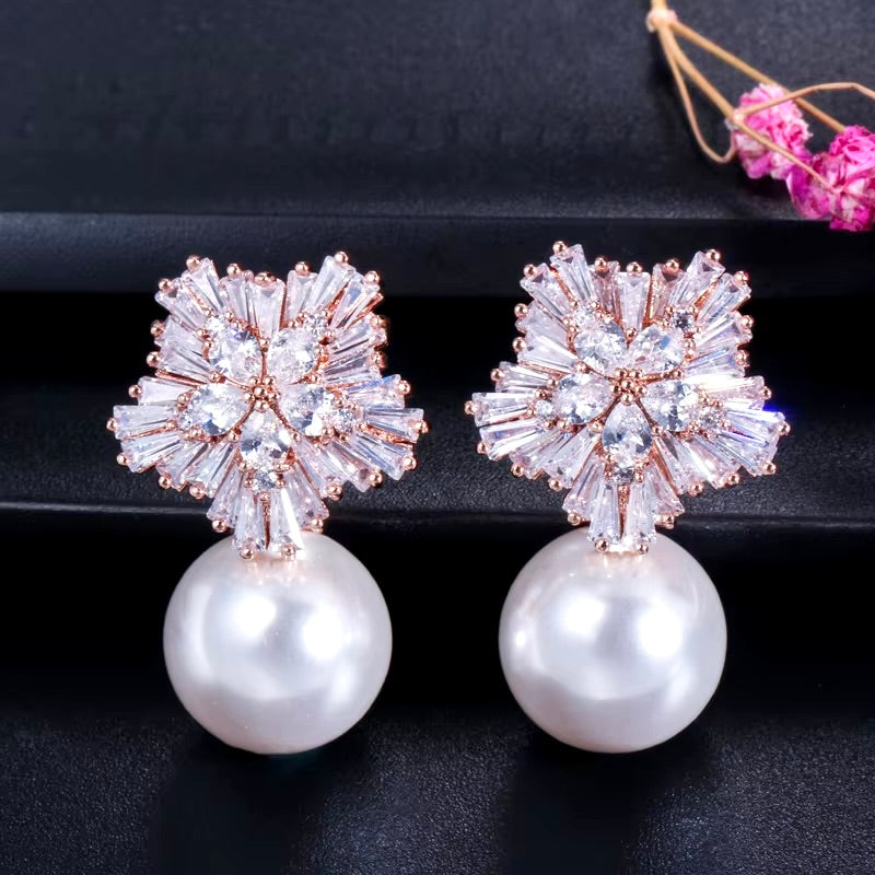 Alba - Pearl and Cubic Zirconia Snowflake Bridal Earrings - More Colors