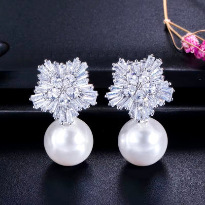 Alba - Pearl and Cubic Zirconia Snowflake Bridal Earrings - More Colors