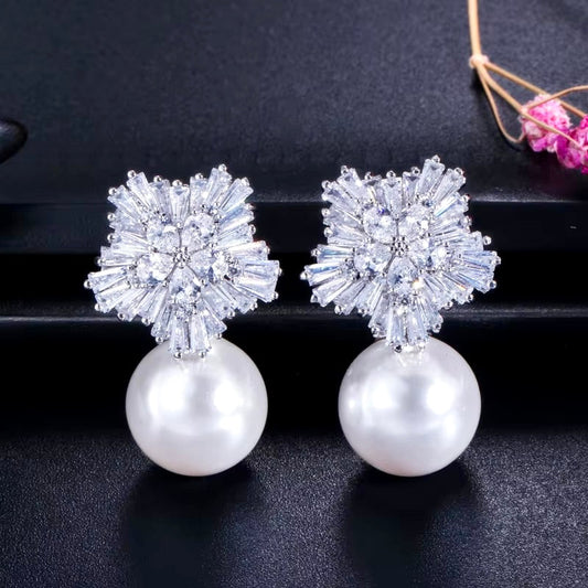 Alba - Pearl and Cubic Zirconia Snowflake Bridal Earrings - More Colors