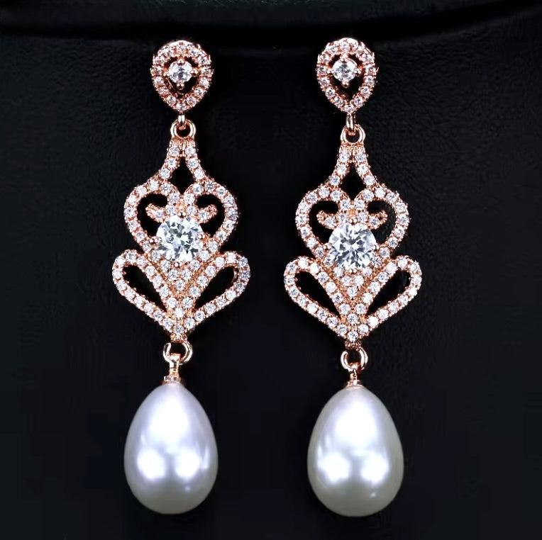 Hilton - Pearl and Cubic Zirconia Bridal Earrings - Available in Silver and Rose Gold