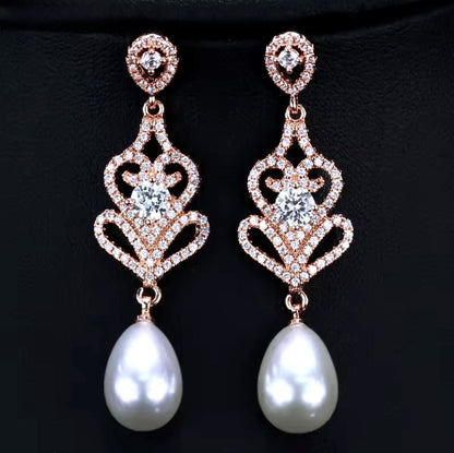 Hilton - Pearl and Cubic Zirconia Bridal Earrings - Available in Silver and Rose Gold