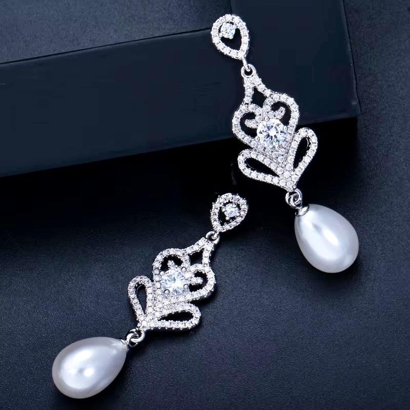 Hilton - Pearl and Cubic Zirconia Bridal Earrings - Available in Silver and Rose Gold