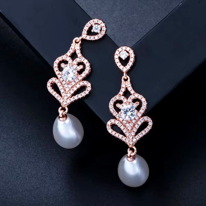 Hilton - Pearl and Cubic Zirconia Bridal Earrings - Available in Silver and Rose Gold