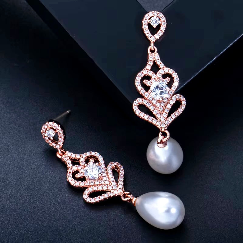 Hilton - Pearl and Cubic Zirconia Bridal Earrings - Available in Silver and Rose Gold