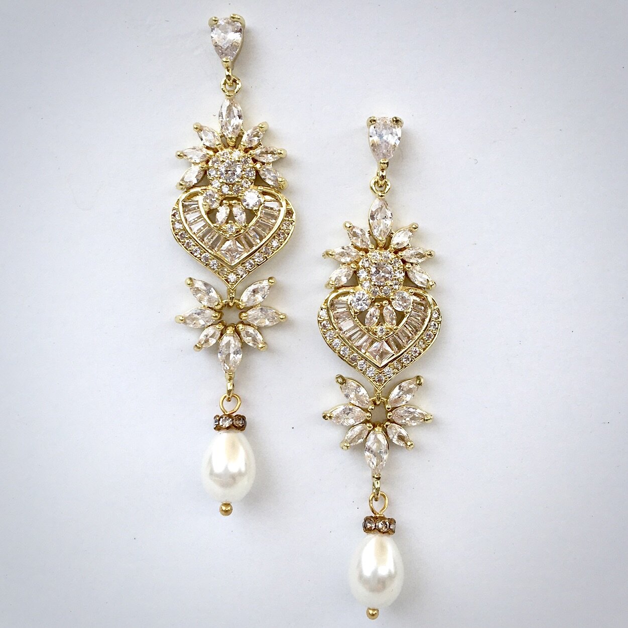 Eudora - Art Deco Pearl and CZ Bridal Earrings - Available in Silver, Rose Gold and Yellow Gold