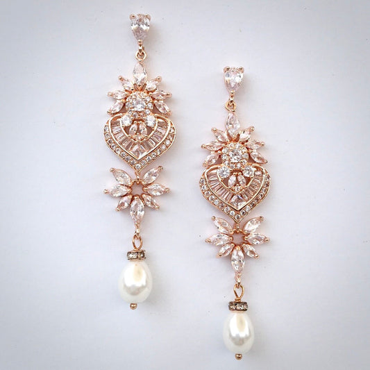 Eudora - Art Deco Pearl and CZ Bridal Earrings - Available in Silver, Rose Gold and Yellow Gold