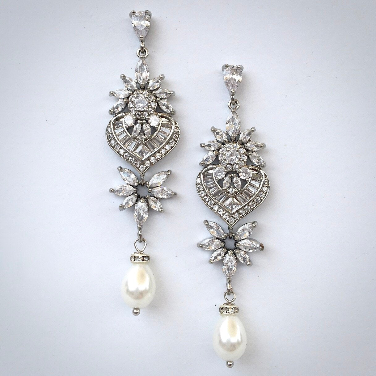 Eudora - Art Deco Pearl and CZ Bridal Earrings - Available in Silver, Rose Gold and Yellow Gold