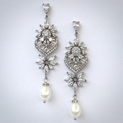 Eudora - Art Deco Pearl and CZ Bridal Earrings - Available in Silver, Rose Gold and Yellow Gold