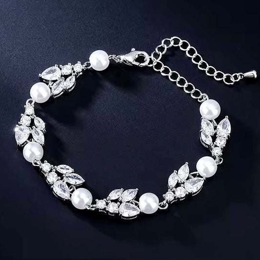 Alara - Pearl and Cubic Zirconia Bridal Bracelet - Available in Silver, Rose Gold and Yellow Gold