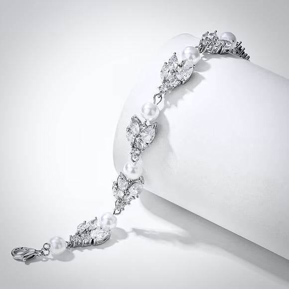 Alara - Pearl and Cubic Zirconia Bridal Bracelet - Available in Silver, Rose Gold and Yellow Gold