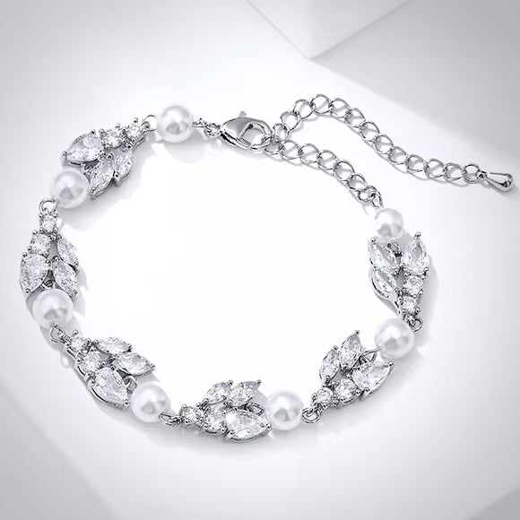 Alara - Pearl and Cubic Zirconia Bridal Bracelet - Available in Silver, Rose Gold and Yellow Gold