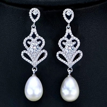 Hilton - Pearl and Cubic Zirconia Bridal Earrings - Available in Silver and Rose Gold