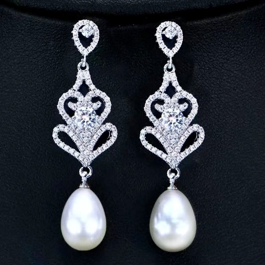 Hilton - Pearl and Cubic Zirconia Bridal Earrings - Available in Silver and Rose Gold