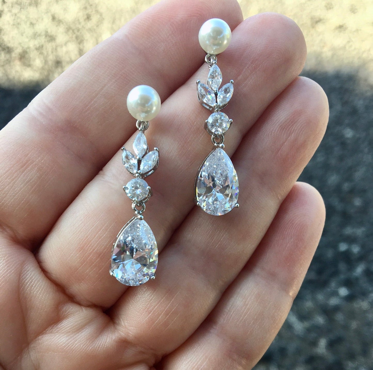 Perla - Pearl and Cubic Zirconia Bridal Earrings - Available in Silver, Rose Gold and Yellow Gold
